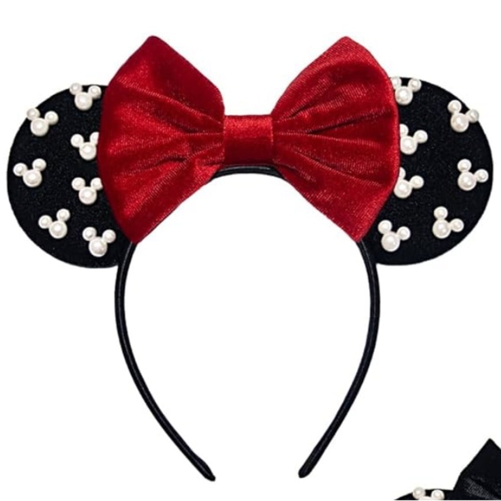 Pearl-Studded Minnie Ear Headband with Red Velvet Bow